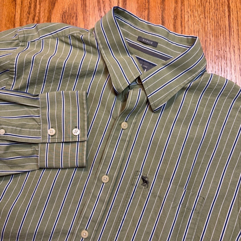 Abercrombie & Fitch Shirt Mens XXL Green Striped Muscle Fit Button Up Y2K